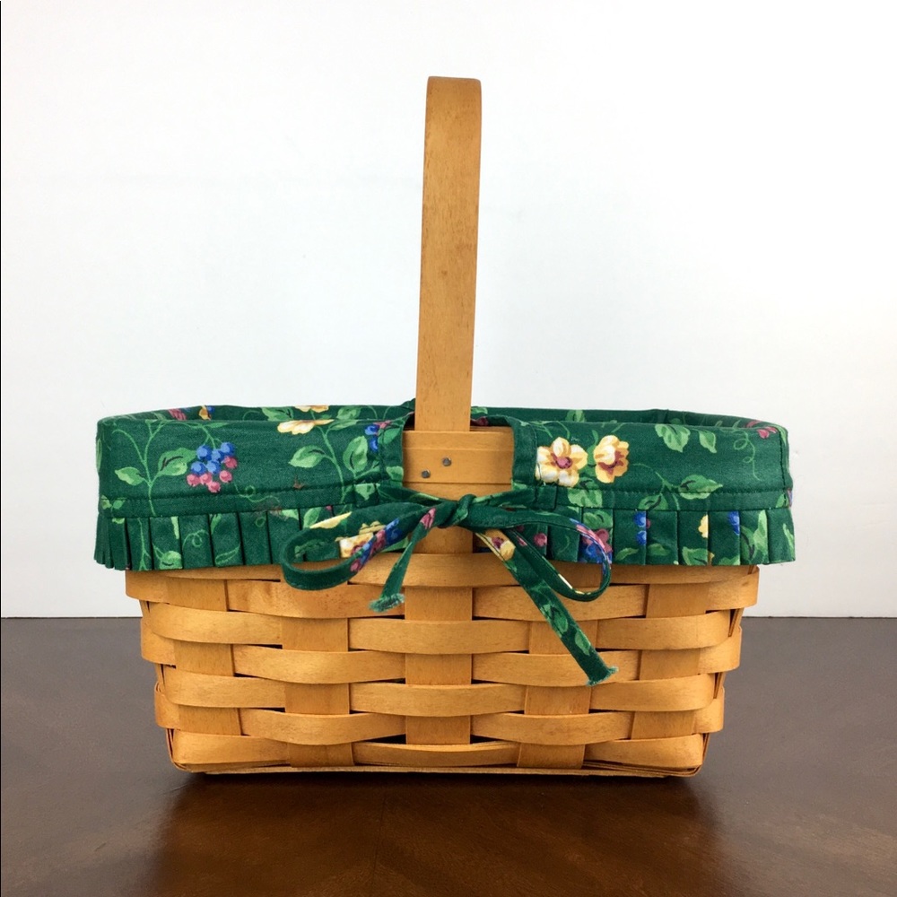 Longaberger Basket and Emerald Vine Floral Liner, Handwoven Wicker Picnic Basket
